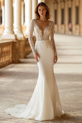 Ivory V-Neck Mermaid Sweep Train Wedding Dress with Lace