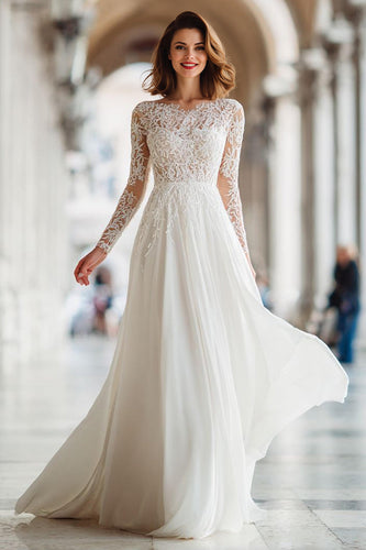 Ivory Illusion Boat Neck A Line Floor-Length Wedding Dress with Lace