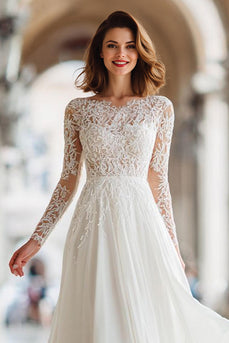 Ivory Illusion Boat Neck A Line Floor-Length Wedding Dress with Lace