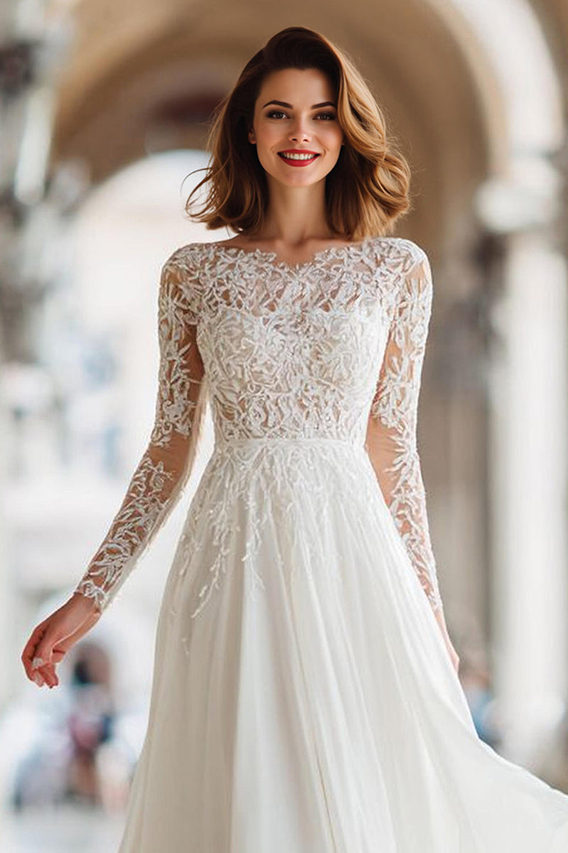 Load image into Gallery viewer, Ivory Illusion Boat Neck A Line Floor-Length Wedding Dress with Lace