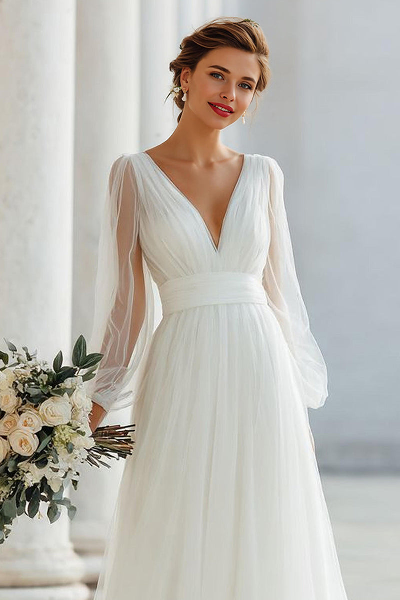Load image into Gallery viewer, White Tulle V-Neck A Line Floor-Length Wedding Dress with Sleeves