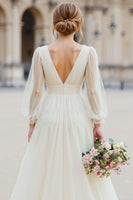 Load image into Gallery viewer, White Tulle V-Neck A Line Floor-Length Wedding Dress with Sleeves
