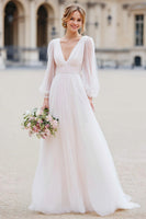 Load image into Gallery viewer, White Tulle V-Neck A Line Floor-Length Wedding Dress with Sleeves