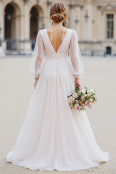 White Tulle V-Neck A Line Floor-Length Wedding Dress with Sleeves