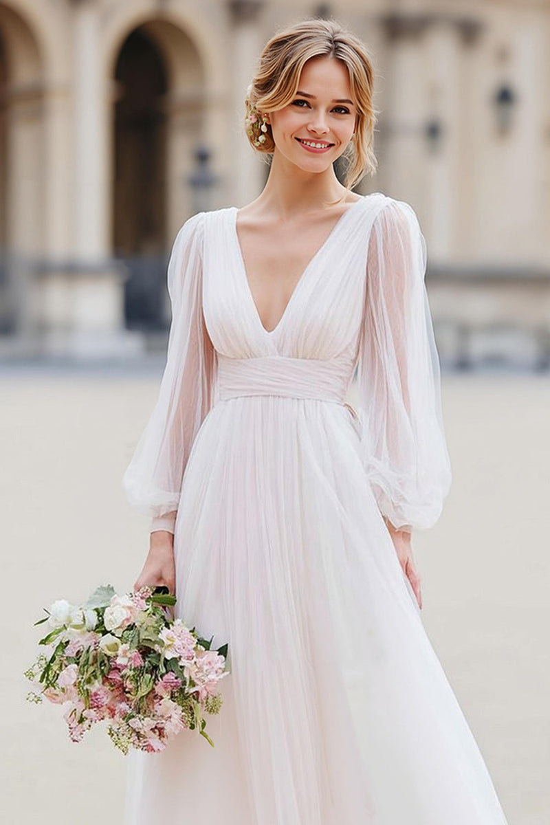 Load image into Gallery viewer, White Tulle V-Neck A Line Floor-Length Wedding Dress with Sleeves