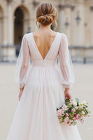 Load image into Gallery viewer, White Tulle V-Neck A Line Floor-Length Wedding Dress with Sleeves