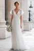 Load image into Gallery viewer, Ivory A Line V-Neck Tulle Floor-Length Wedding Dress with Sleeves