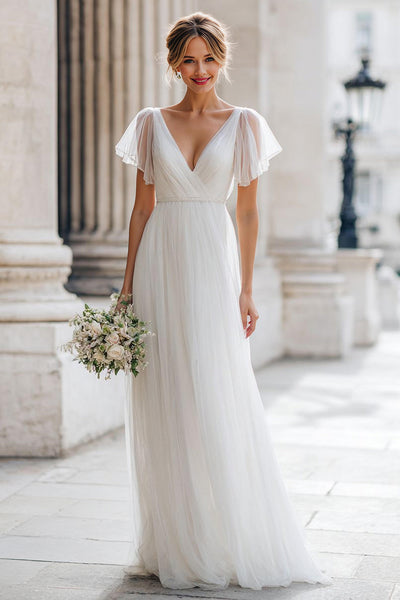 Ivory A Line V-Neck Tulle Floor-Length Wedding Dress with Sleeves