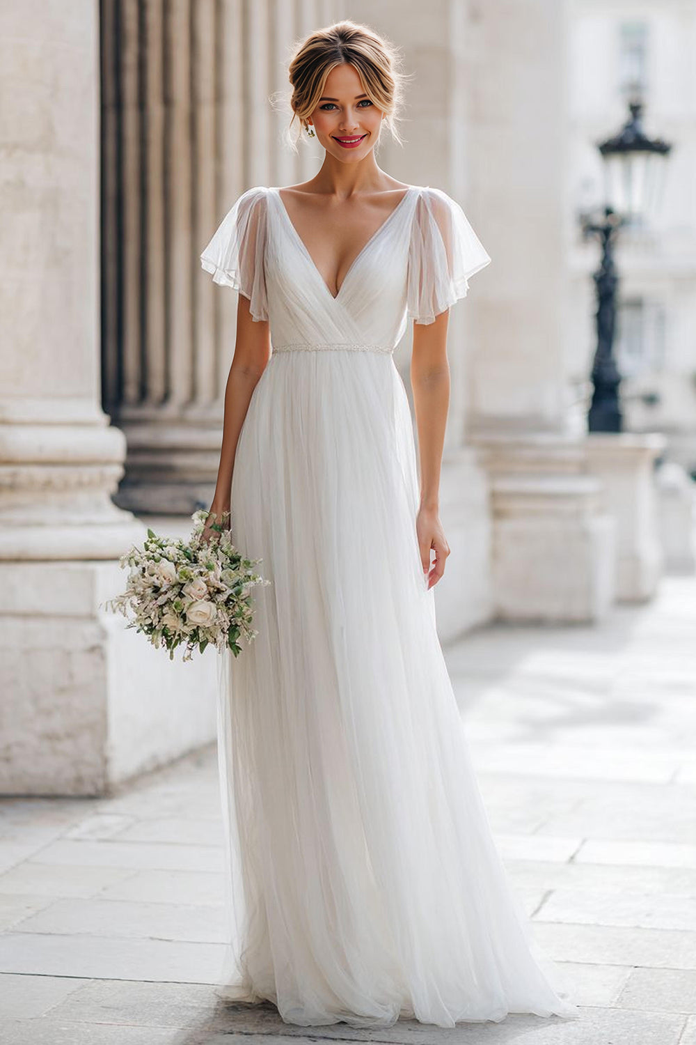 Ivory A Line V-Neck Tulle Floor-Length Wedding Dress with Sleeves
