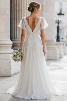 Ivory A Line V-Neck Tulle Floor-Length Wedding Dress with Sleeves