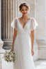 Load image into Gallery viewer, Ivory A Line V-Neck Tulle Floor-Length Wedding Dress with Sleeves