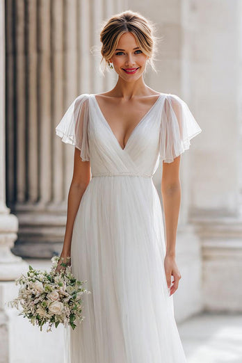 Ivory A Line V-Neck Tulle Floor-Length Wedding Dress with Sleeves