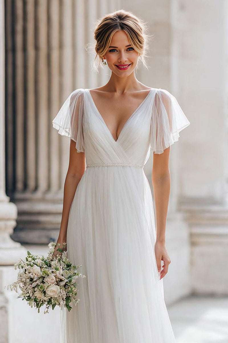 Load image into Gallery viewer, Ivory A Line V-Neck Tulle Floor-Length Wedding Dress with Sleeves