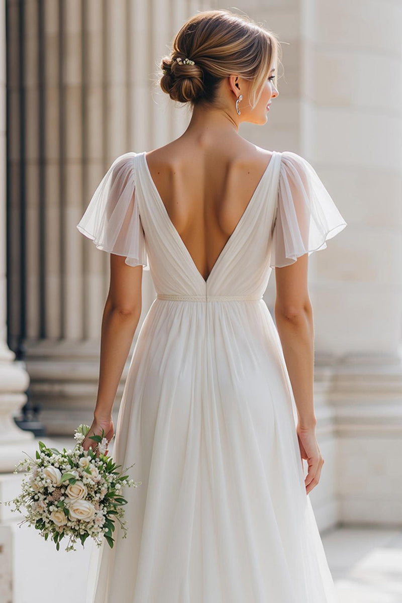 Load image into Gallery viewer, Ivory A Line V-Neck Tulle Floor-Length Wedding Dress with Sleeves
