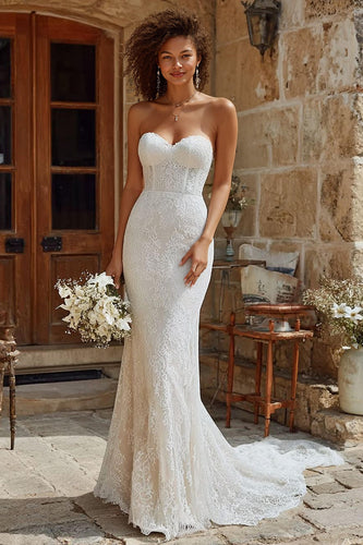 Ivory Mermaid Lace Corset Sweep Train Wedding Dress
