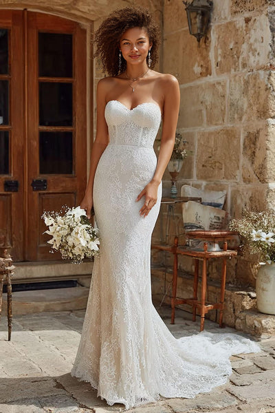 Ivory Mermaid Lace Corset Sweep Train Wedding Dress