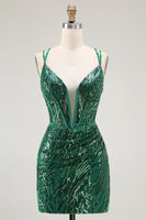 Load image into Gallery viewer, Sparkly Dark Green Sequins Tight Short Corset Prom Dress