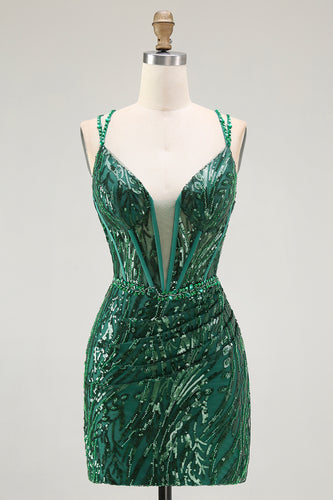 Sparkly Dark Green Sequins Tight Short Corset Prom Dress