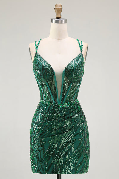 Sparkly Dark Green Sequins Tight Short Corset Prom Dress