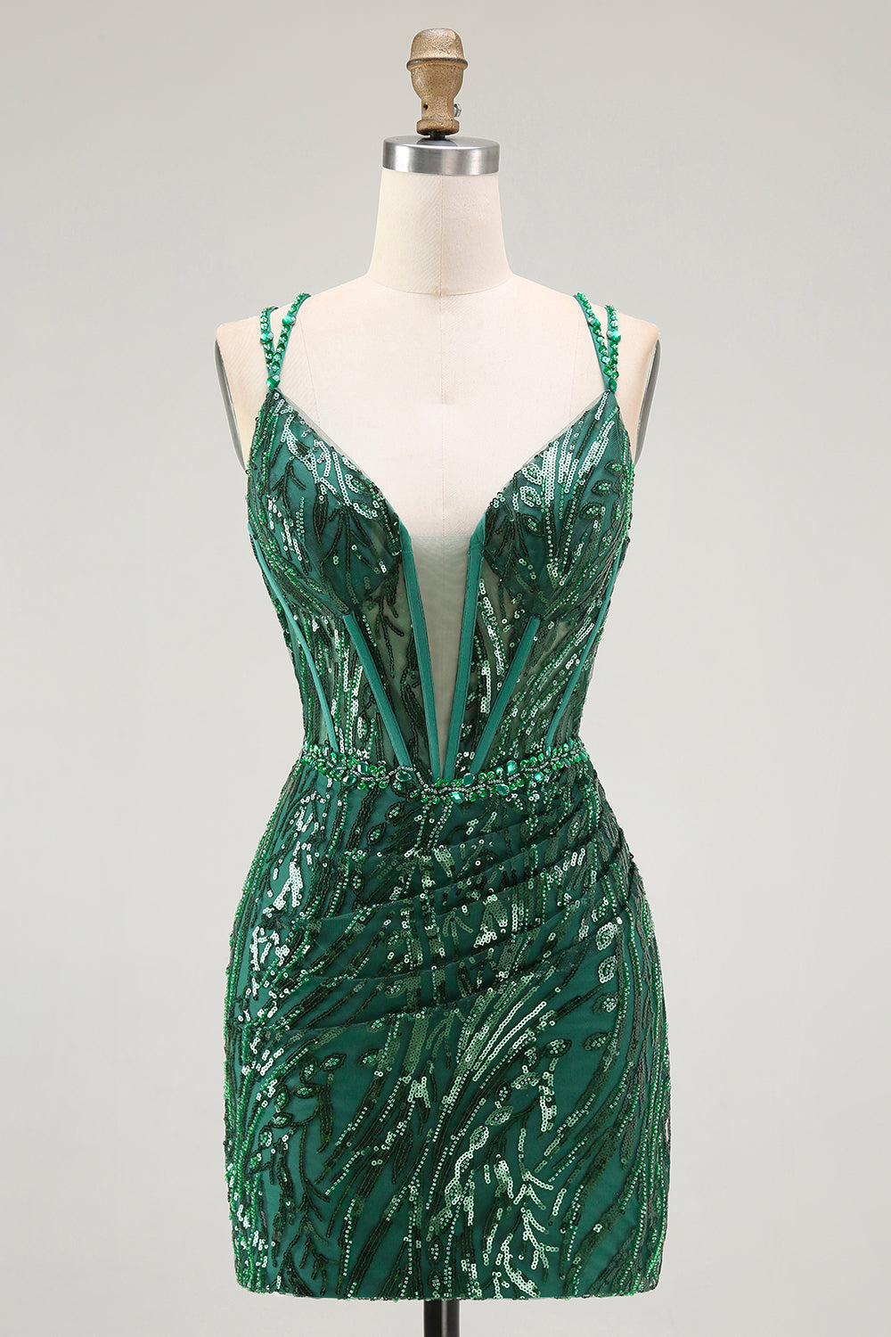 Sparkly Dark Green Sequins Tight Short Corset Prom Dress