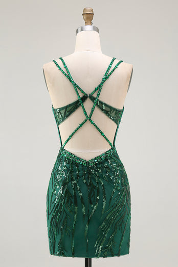 Sparkly Dark Green Sequins Tight Short Corset Prom Dress