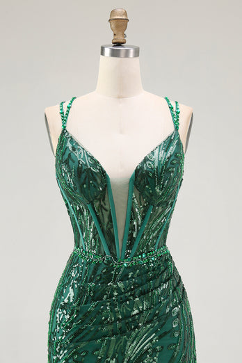 Sparkly Dark Green Sequins Tight Short Corset Prom Dress