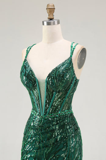 Sparkly Dark Green Sequins Tight Short Corset Prom Dress