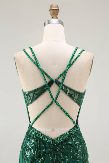 Sparkly Dark Green Sequins Tight Short Corset Prom Dress