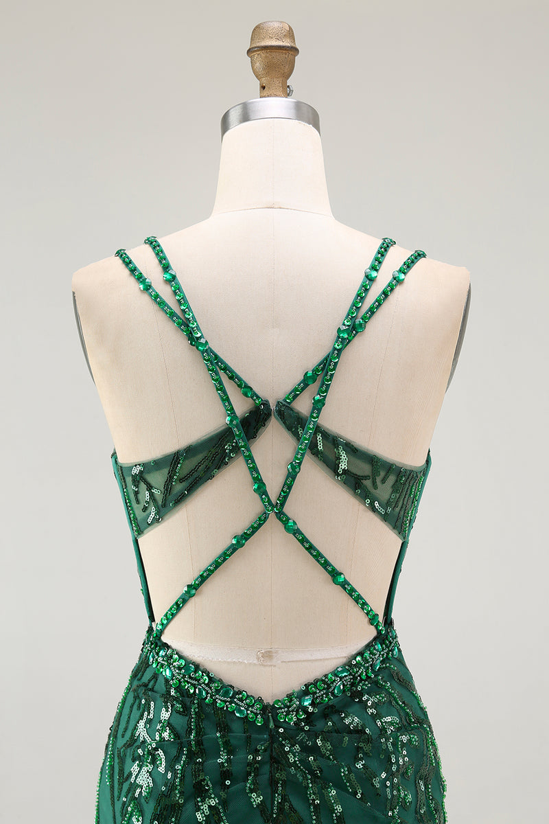 Load image into Gallery viewer, Sparkly Dark Green Sequins Tight Short Corset Prom Dress