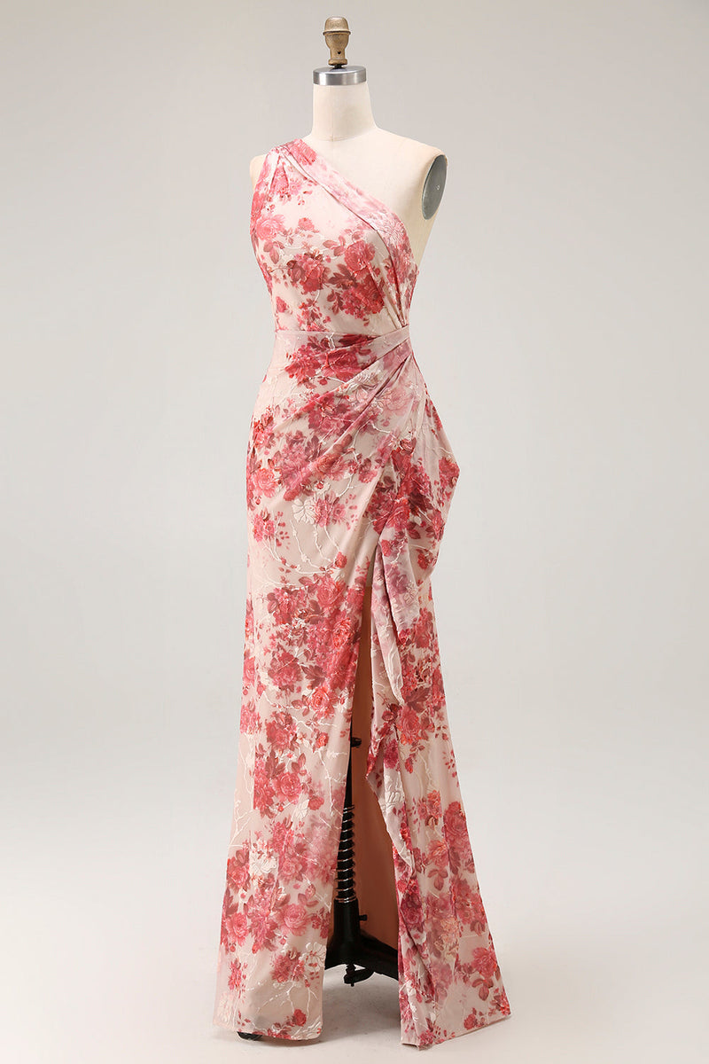 Load image into Gallery viewer, Champagne Floral Mermaid One Shoulder Long Wedding Guest Dress with Slit