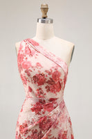 Load image into Gallery viewer, Champagne Floral Mermaid One Shoulder Long Wedding Guest Dress with Slit