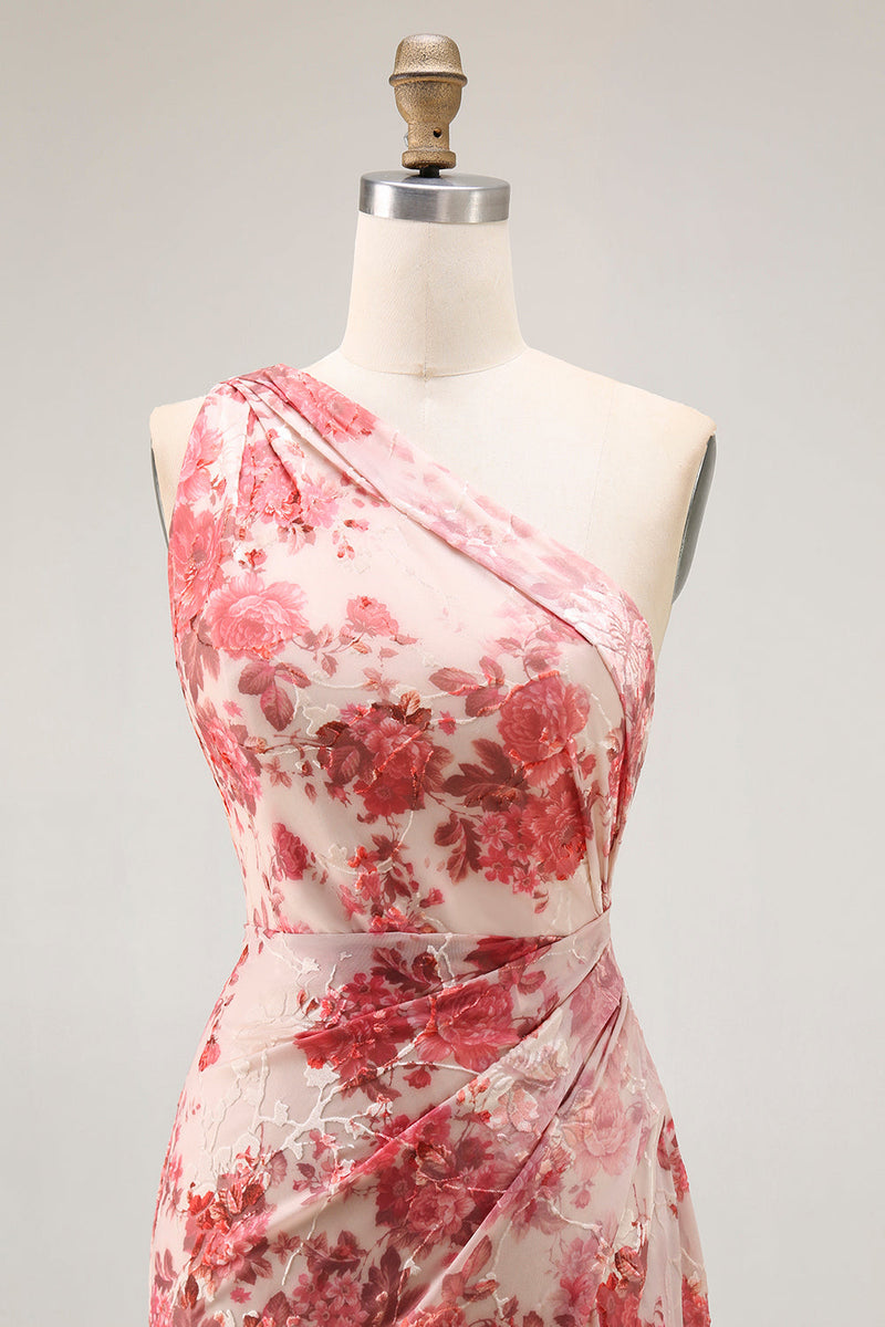 Load image into Gallery viewer, Champagne Floral Mermaid One Shoulder Long Wedding Guest Dress with Slit