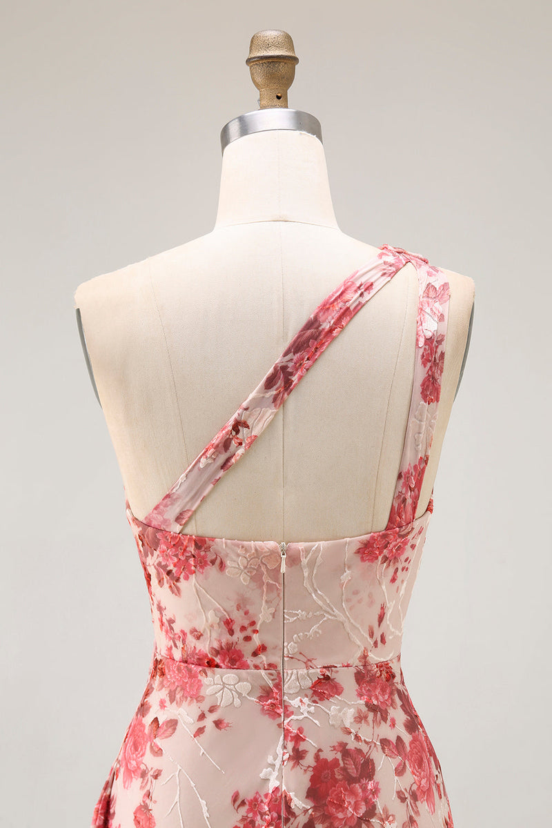 Load image into Gallery viewer, Champagne Floral Mermaid One Shoulder Long Wedding Guest Dress with Slit