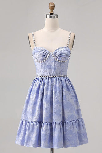 Sparkly Blue A Line Jacquard Short Prom Dress with Pearls