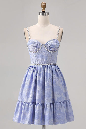 Sparkly Blue A Line Jacquard Short Prom Dress with Pearls