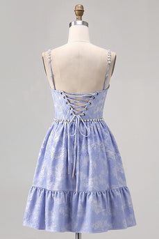 Sparkly Blue A Line Jacquard Short Prom Dress with Pearls