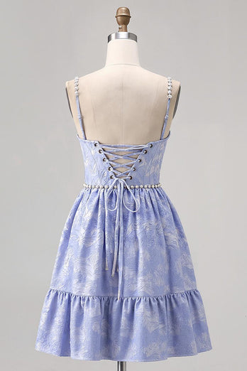 Sparkly Blue A Line Jacquard Short Prom Dress with Pearls