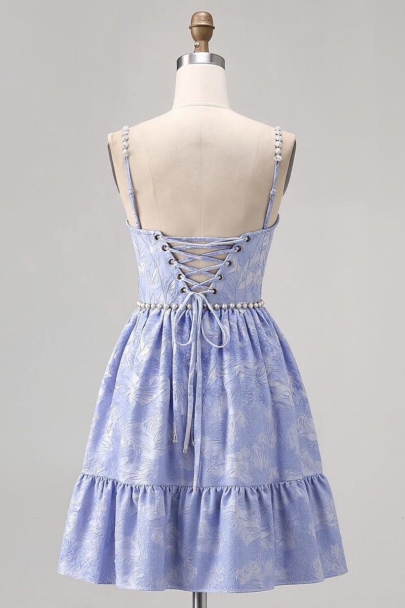 Load image into Gallery viewer, Sparkly Blue A Line Jacquard Short Prom Dress with Pearls