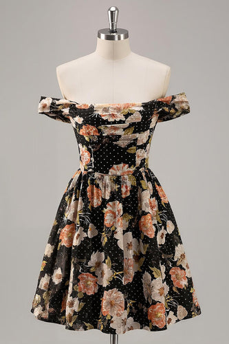 Sparkly Black Floral Off the Shoulder Short Prom Dress