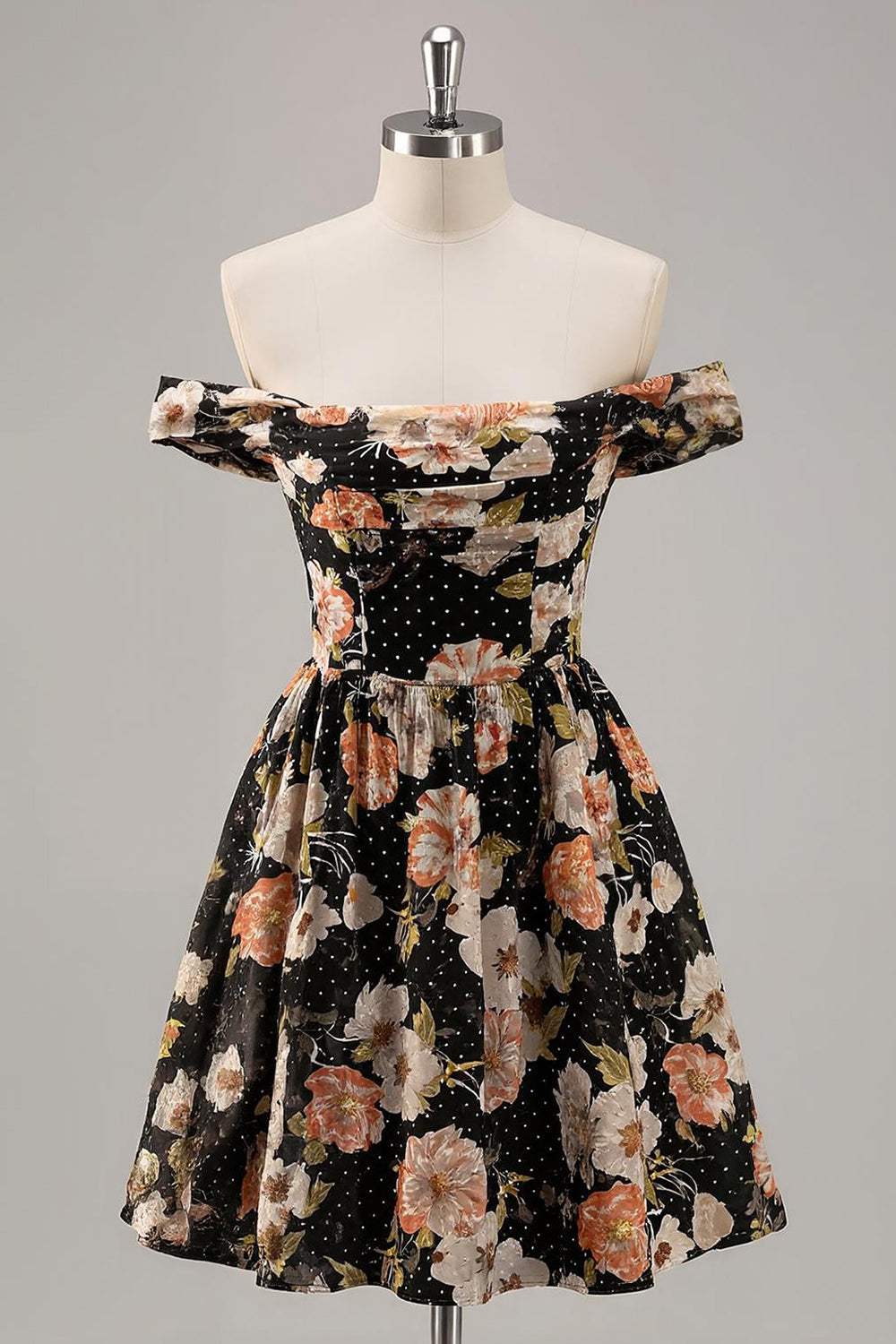 Sparkly Black Floral Off the Shoulder Short Prom Dress