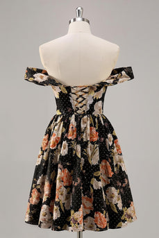 Sparkly Black Floral Off the Shoulder Short Prom Dress