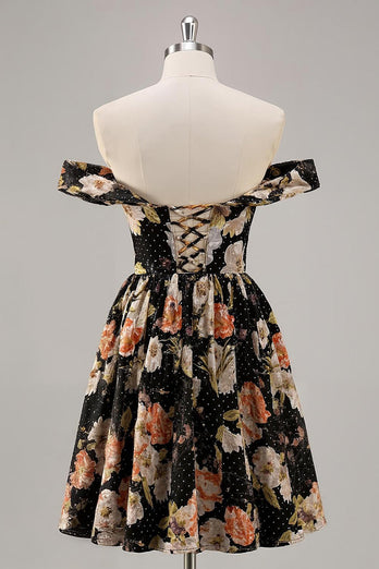 Sparkly Black Floral Off the Shoulder Short Prom Dress
