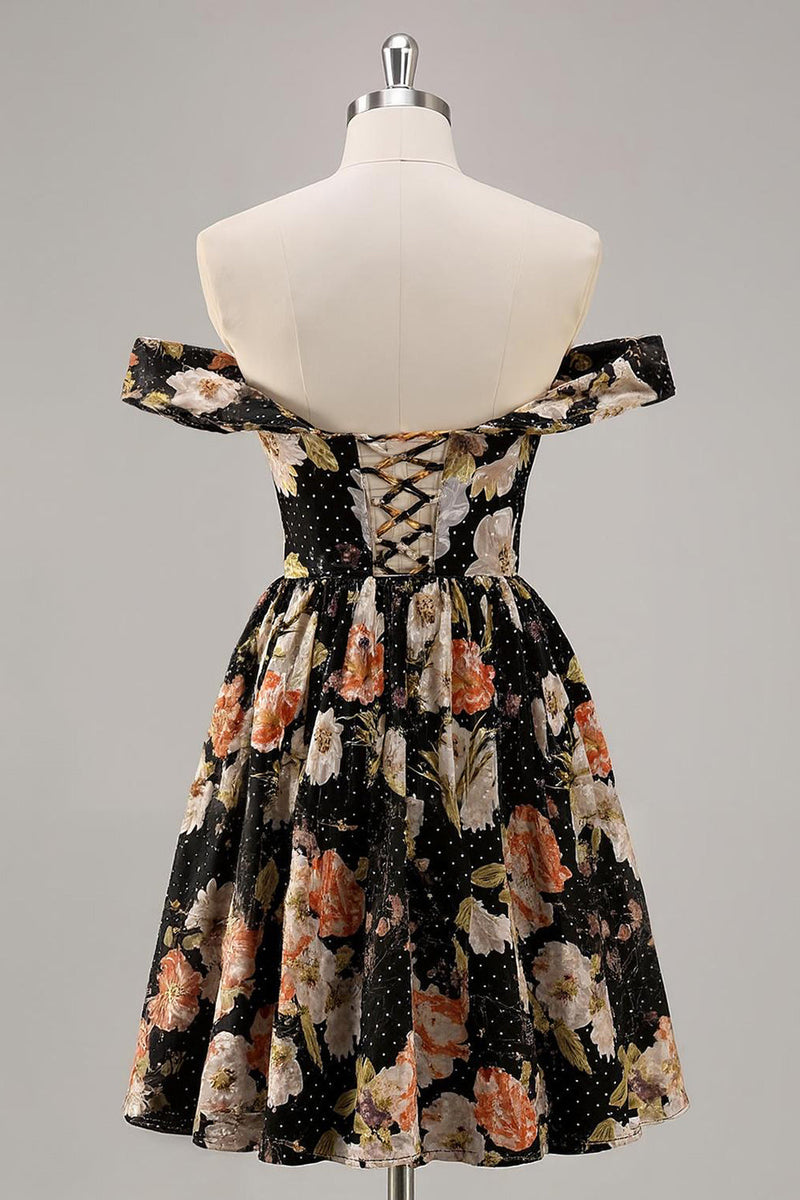 Load image into Gallery viewer, Sparkly Black Floral Off the Shoulder Short Prom Dress