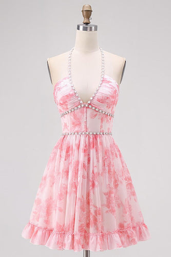 Sparkly Pink Halter Floral Pearls Short Prom Dress