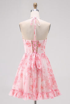 Sparkly Pink Halter Floral Pearls Short Prom Dress