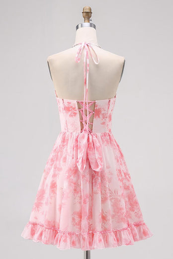 Sparkly Pink Halter Floral Pearls Short Prom Dress