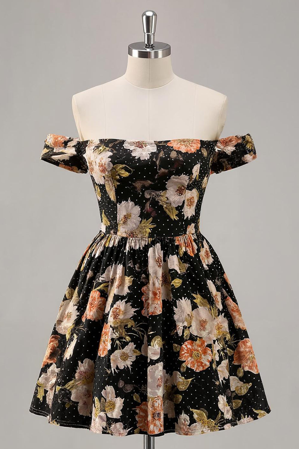 Sparkly Black A Line Short Floral Prom Dress