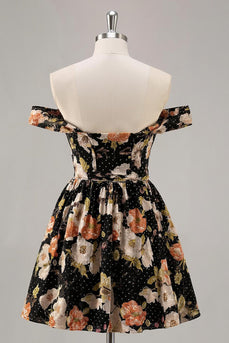 Sparkly Black A Line Short Floral Prom Dress