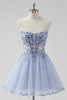 Load image into Gallery viewer, Sparkly Lavender Strapless Short Corset Prom Dress