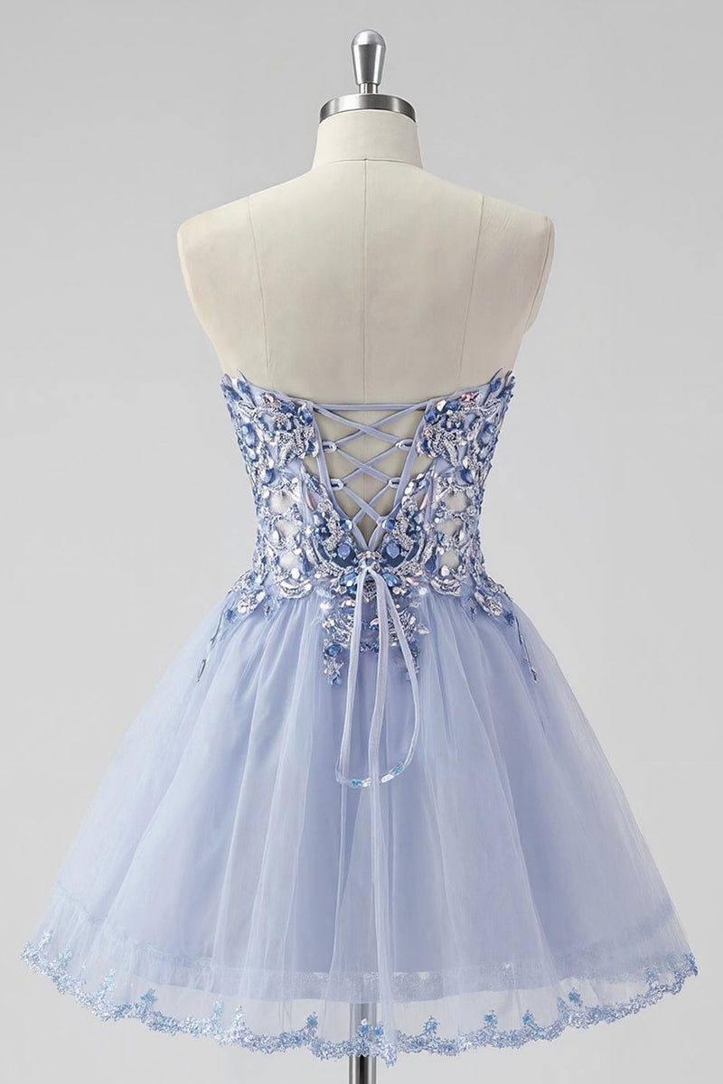 Load image into Gallery viewer, Sparkly Lavender Strapless Short Corset Prom Dress